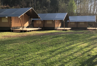 Tentes safari dans une clairière forestière, herbe verte et soleil matinal, idéales pour camper.
