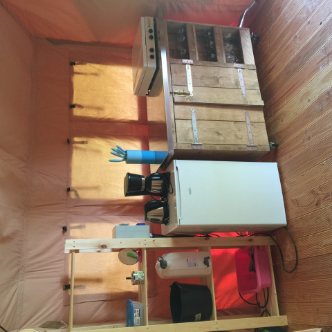 Compact kitchen area in a safari tent, featuring a mini fridge, coffee maker, wooden cabinet and utensils.