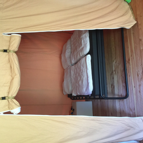 Vista interna di una tenda safari con due letti singoli, piumini e pavimento in legno.