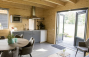 Modernes Ferienhausküche und Essbereich mit Holzwänden, Blick auf Terrasse, Camping Nieuw Romalo, Niederlande.