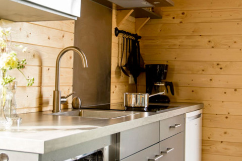Cocina moderna con paredes de madera, fregadero de acero y cafetera en Camping Nieuw Romalo, Países Bajos.