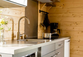 Cocina moderna con paredes de madera, fregadero de acero y cafetera en Camping Nieuw Romalo, Países Bajos.