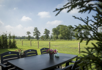 View from a terrace at Vakantiehuisje Hooiberg, Camping Nieuw Romalo, Netherlands with fields and trees.