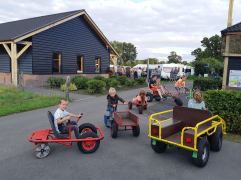 Niños montan en coches de pedales en Camping Nieuw Romalo, Gelderland, Países Bajos, día soleado.
