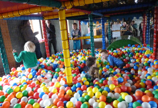 Niños jugando en una piscina de bolas en un parque infantil cubierto en Camping Nieuw Romalo, Gelderland.