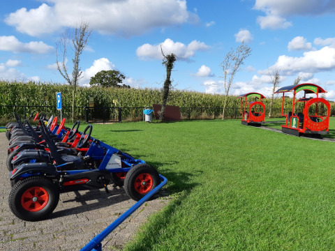 Toy pedal cars and a red play train on grass at Camping Nieuw Romalo holiday park, Gelderland, Netherlands