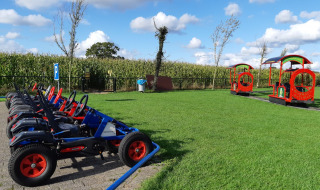 Coches de juguete y tren rojo en el césped del Camping Nieuw Romalo, Gelderland, Países Bajos