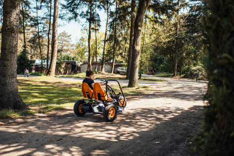 Bambino guida un go-kart a pedali a quattro ruote tra gli alberi a Eurocamping Vessem nei Paesi Bassi.