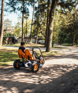 Niño conduce un coche de pedales de cuatro ruedas en un área boscosa y soleada en Eurocamping Vessem.