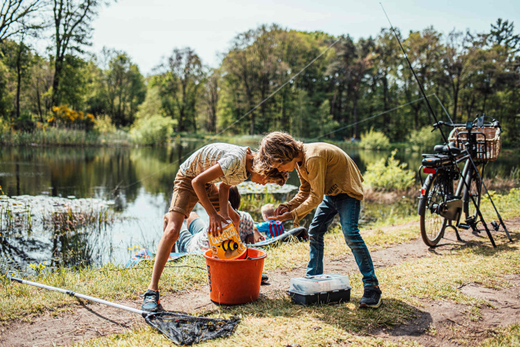 Due bambini pescano vicino a un lago a Eurocamping Vessem BV, parco vacanze in North-Brabant, Paesi Bassi.