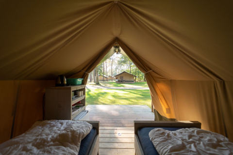 Vue intérieure d'une tente safari Duolodge à Eurocamping Vessem BV, avec deux lits et une terrasse boisée.