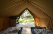 Vue intérieure d'une tente safari Duolodge à Eurocamping Vessem BV, avec deux lits et une terrasse boisée.