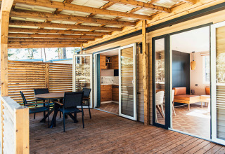 Terraza de madera y entrada moderna de la Boslodge en Eurocamping Vessem BV, rodeada de naturaleza holandesa.