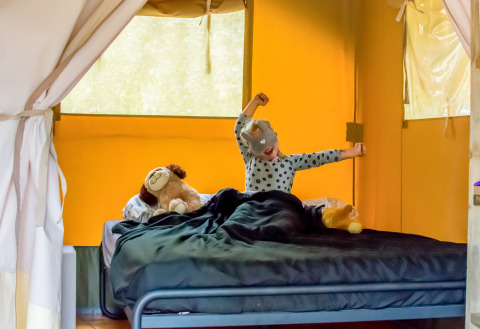 Niño despertando en la cama con peluches dentro de una tienda safari en Eurocamping Vessem BV, Países Bajos.