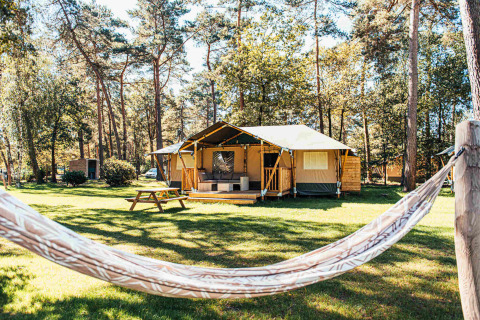 Safari tent with veranda, picnic bench, and hammock at Eurocamping Vessem BV surrounded by forest in NL.