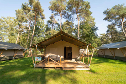 Tenda safari con veranda e servizi igienici privati a Eurocamping Vessem BV, tra alberi verdi.