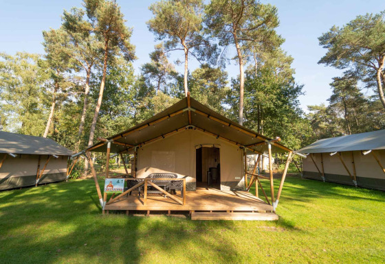 Safari-Zelt mit Terrasse und eigenem Bad auf Eurocamping Vessem BV, umgeben von grünen Bäumen.