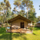 Safari-telt med terrasse og private faciliteter på Eurocamping Vessem BV, omgivet af grønne træer.