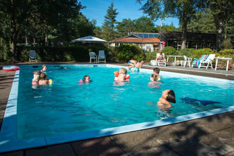 Familien und Kinder schwimmen im Pool eines Ferienparks mit Glamping-Unterkünften an einem sonnigen Tag.