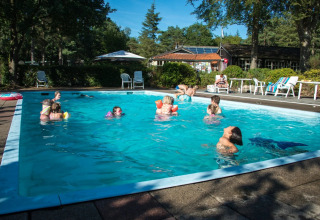Familien und Kinder schwimmen im Pool eines Ferienparks mit Glamping-Unterkünften an einem sonnigen Tag.