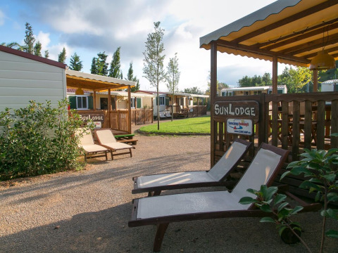 Sunny cabins with deck chairs and green lawn in the SunLodge area, perfect for outdoor relaxation.
