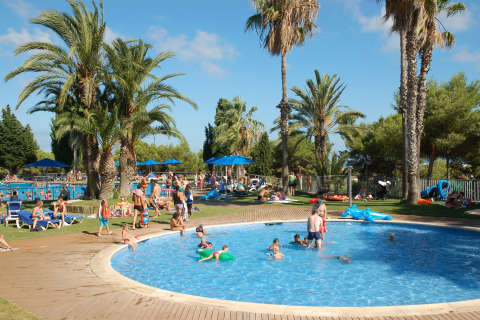 Gezinnen vermaken zich aan het zwembad bij een glamping locatie met palmbomen, spelende kinderen in water.