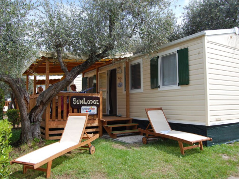 Two sun loungers outside SunLodge Maple cabin, featuring green shutters and a shaded wooden porch in nature.