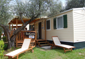 Solrige liggestole foran SunLodge Maple, en mobilhytte med grønne skodder og træterrasse under træer.