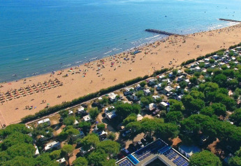 Vista aérea de una playa de arena con sombrillas y zona de camping cerca, rodeada de árboles verdes.