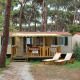 Solrig SunLodge Redwood lodge i en skov med to liggestole foran og træer omkring for afslapning.