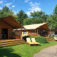 Billede af SunLodge Yucca safaritelt på hu Birkelt Village i Luxembourg, omgivet af grønne træer og liggestole.