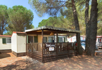 Photo of SunLodge Redwood lodge with a covered porch, surrounded by trees in a sunny wooded area