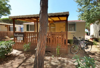 Solbeskinnet træhytte ved SunLodge Redwood på Camping Village Baia Blu La Tortuga i Italien, cykler foran.