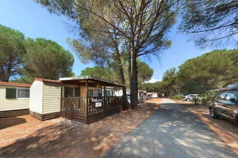 SunLodge Redwood op Camping Village Baia Blu La Tortuga in Italië, te midden van dennen en geparkeerde auto's.