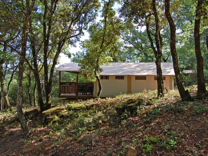 SunLodge Safari tent at Slow Village Provence Occitane, France, set among green trees in a forested area.