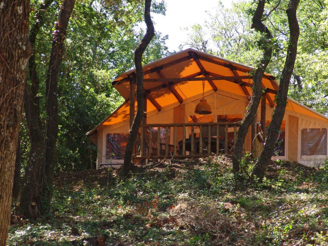 Tienda safari SunLodge Safari en Slow Village Provence Occitane en Francia, rodeada de árboles y naturaleza.