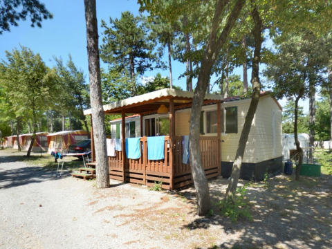 SunLodge Redwood lodge op Camping Village Mare Pineta in Italië, omringd door bomen en natuur.