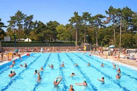 Buitenzwembad bij een lodge met veel mensen die zwemmen en relaxen onder een stralende zon.