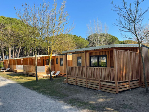 Træhytter ved SunLodge Sabai i Camping Union Lido Mare, Italien, omgivet af grønne træer og natur.