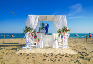 Decoración nupcial en la playa con sillas blancas, cortinas y flores bajo un cielo azul despejado.
