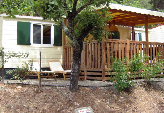 Vue extérieure du SunLodge Aspen avec terrasse en bois, volets verts, transats et végétation luxuriante.