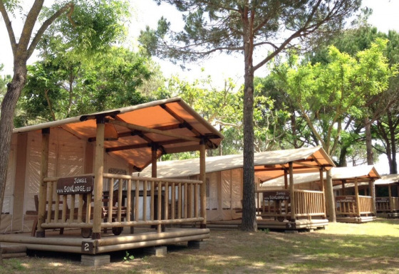 Photo des lodges SunLodge Jungle au Camping Union Lido Mare en Italie, entourés d’arbres verts.
