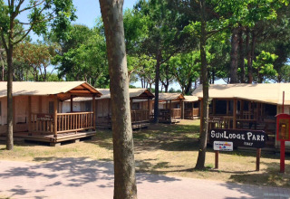 Zonnige SunLodge Jungle op Camping Union Lido Mare in Italië, tussen bomen en houten lodges gelegen.