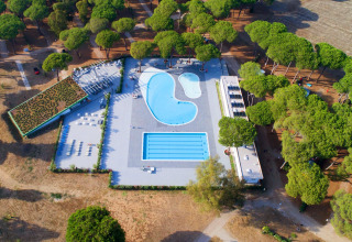 Vista aérea de un lodge con piscinas al aire libre, tumbonas y árboles verdes en un entorno natural.