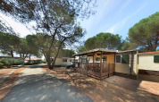SunLodge Aspen bij Camping Village Baia Blu La Tortuga in Italië, omgeven door pijnbomen.