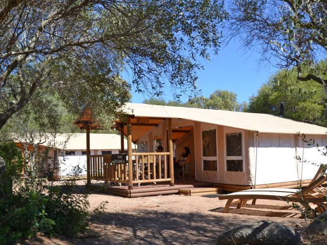 Vista exterior de SunLodge Safari lodge con huéspedes relajándose en el porche rodeados de árboles y naturaleza.