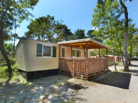 SunLodge Aspen bij Camping Village Mare Pineta in Italië, met houten terras en omgeven door bomen.