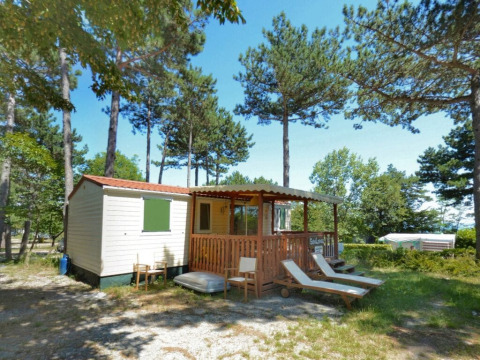 SunLodge Aspen in Camping Village Mare Pineta, Italië, met terras, ligstoelen en omgeven door pijnbomen.