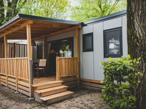 Udendørsbillede af SunLodge Babul, en moderne lodge med træterrasse, omgivet af grønne træer.