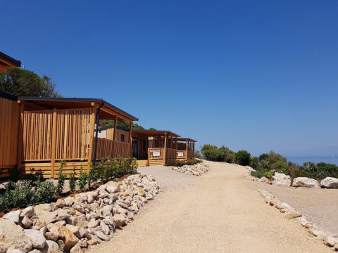 Solrige SunLodge BigLeaf træhytter ved Camping Village Poljana i Kroatien på en stensti nær havet.